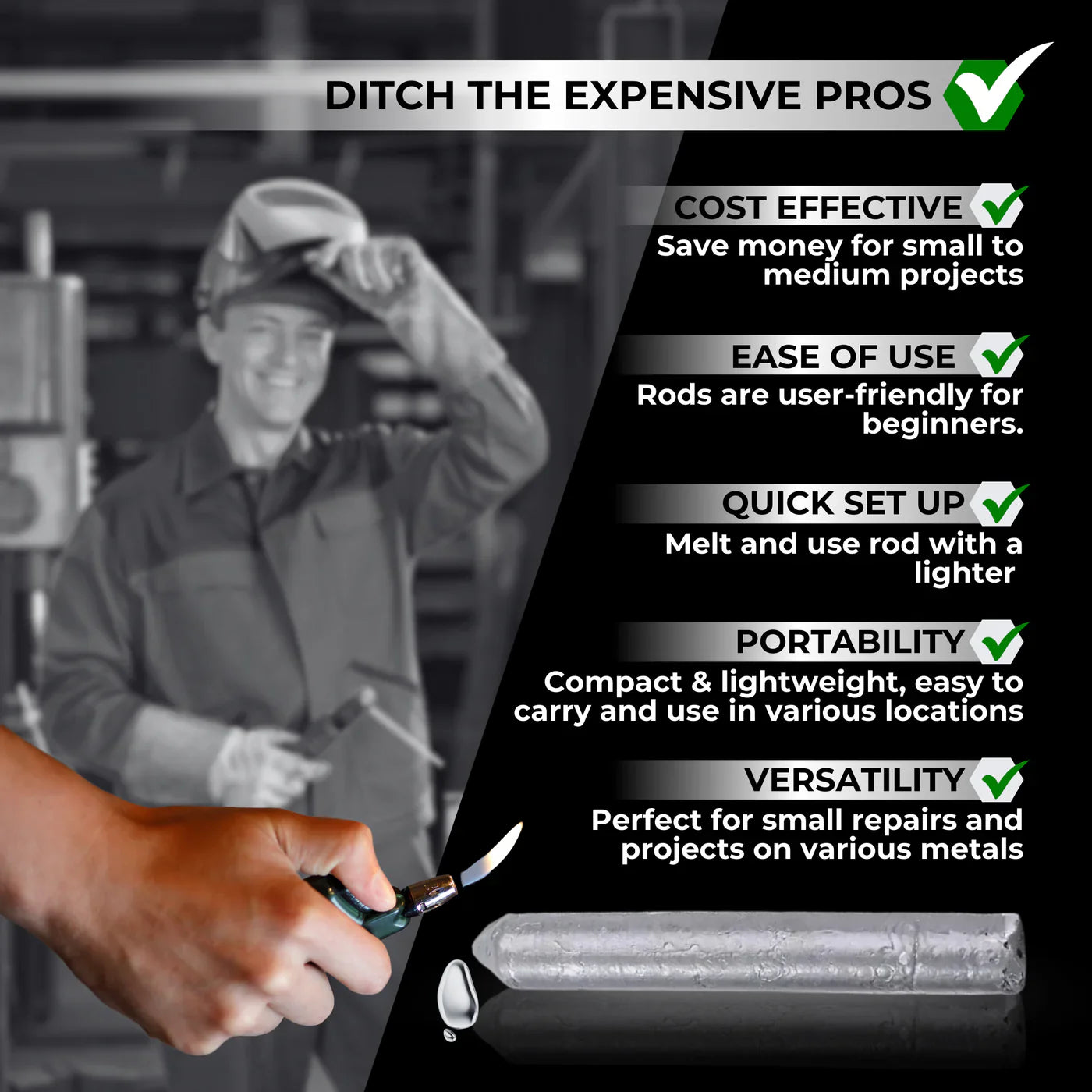 Low Temp Metal Repair Rods with Low Activation Heat and Multi-Metal Bonding, Compact Kit