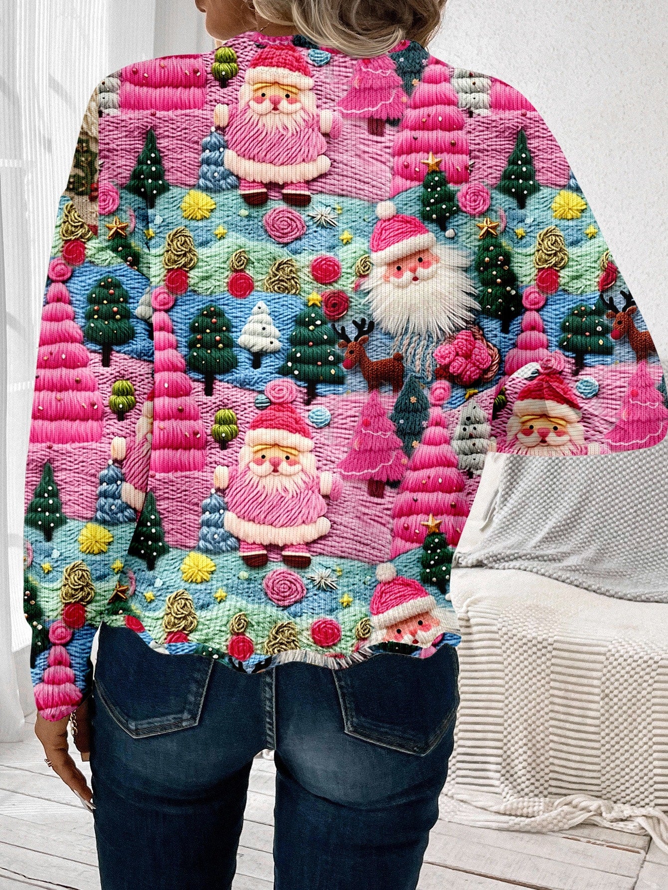 Womens Pullover Sweater with Multicolor Christmas Pattern and Scalloped Hem Detail