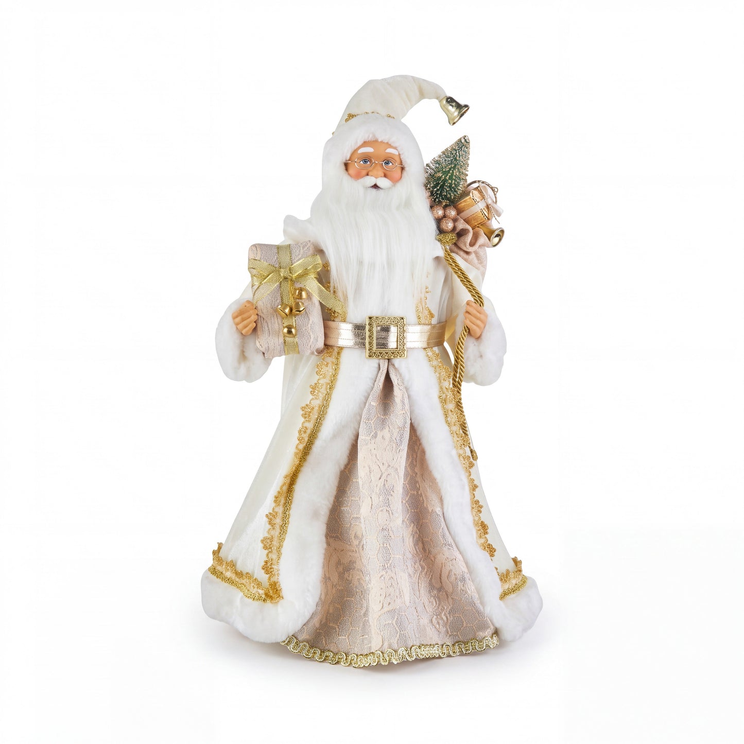 Standing Santa Figurine with Wrapped Presents and Gold Accents, 18 Inch Ivory