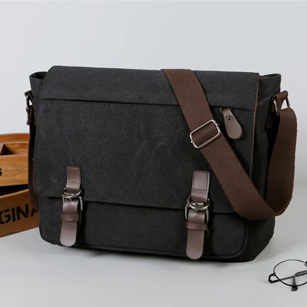Canvas Messenger Bag with Laptop Compartment and Multiple Pockets, Adjustable Strap
