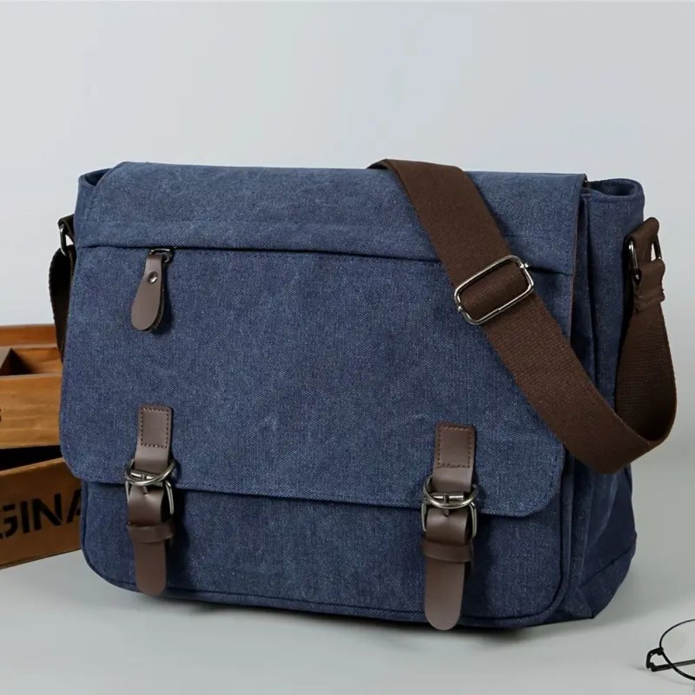 Canvas Messenger Bag with Laptop Compartment and Multiple Pockets, Adjustable Strap