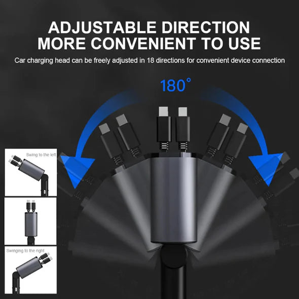Car Charger with Dual Retractable Cables and Four Charging Ports