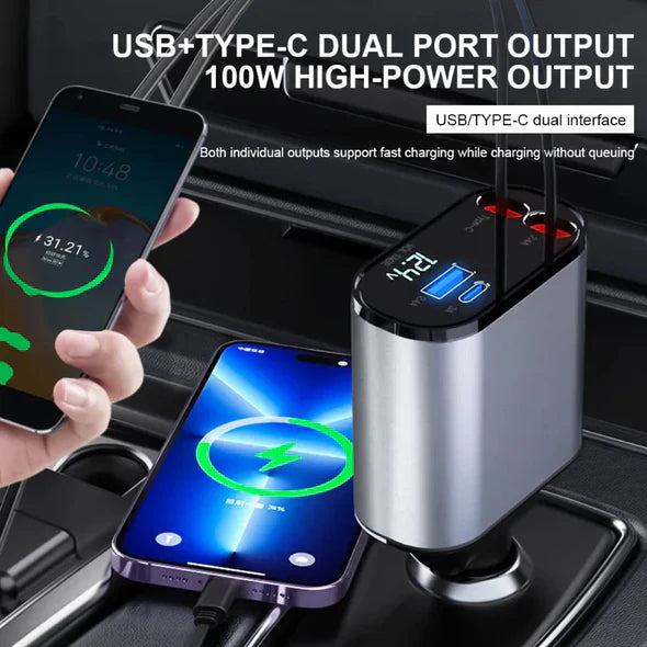 Car Charger with Dual Retractable Cables and Four Charging Ports