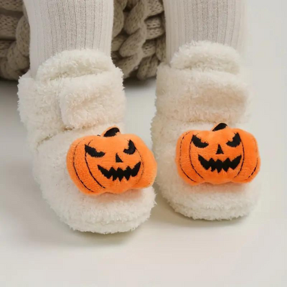 Children's Ankle High Fleece Slippers with Halloween Pumpkin and Spider Print