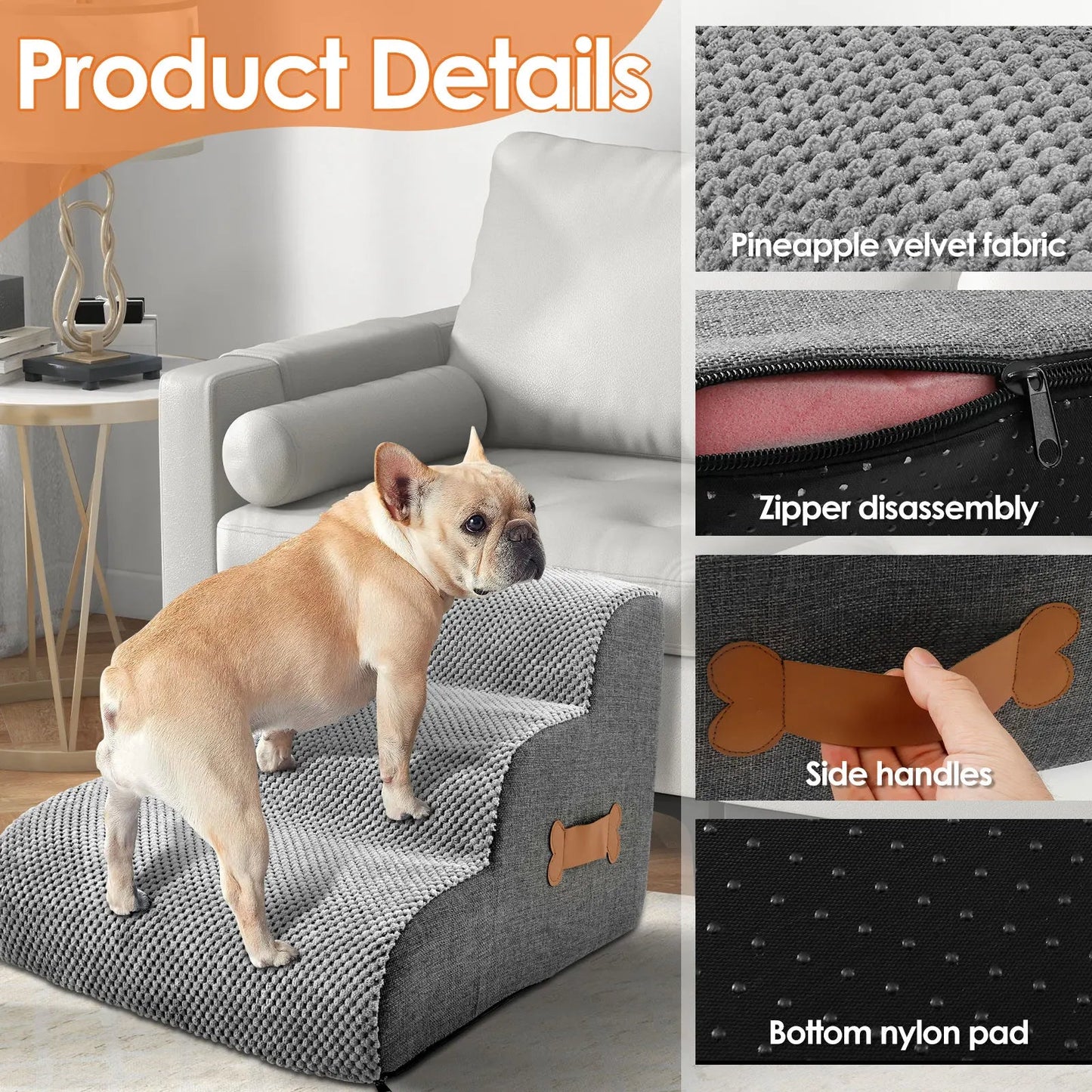 Pet Stairs with High Density Foam and Removable Washable Cover, Gentle  Incline