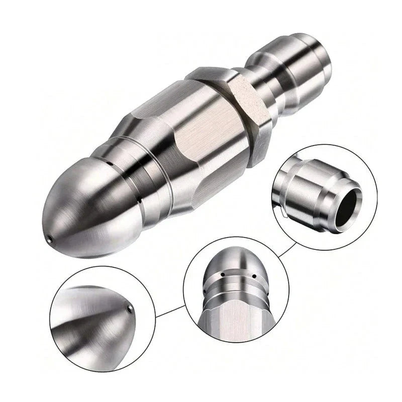 High Pressure Sewer Cleaning Nozzle with Stainless Steel Pointed Tip and Angled Spray Jets