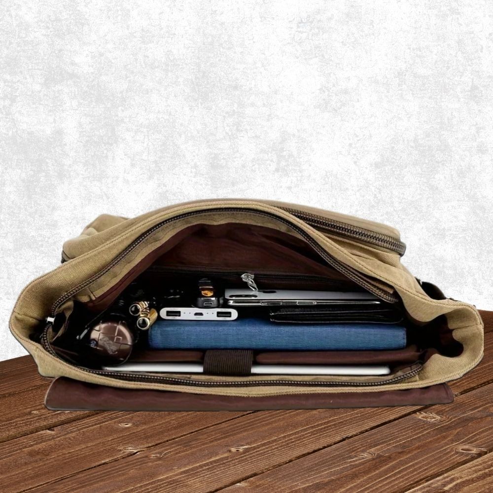 Canvas Messenger Bag with Laptop Compartment and Multiple Pockets, Adjustable Strap