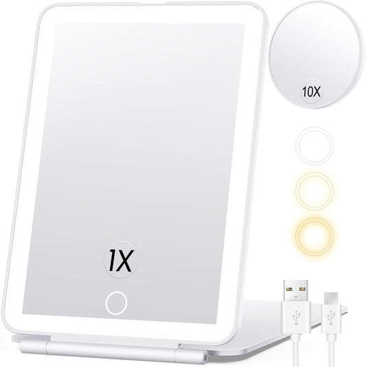 Portable Makeup Mirror with Dual Magnification and Adjustable LED Light, 7x5 Inch