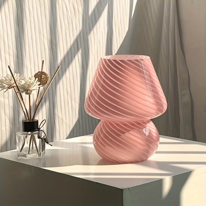 Glass Mushroom Table Lamp with Stepless Dimming and Integrated LED, Swirled Stripe Pattern