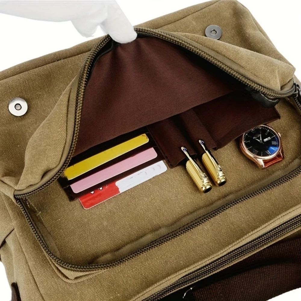 Canvas Messenger Bag with Laptop Compartment and Multiple Pockets, Adjustable Strap