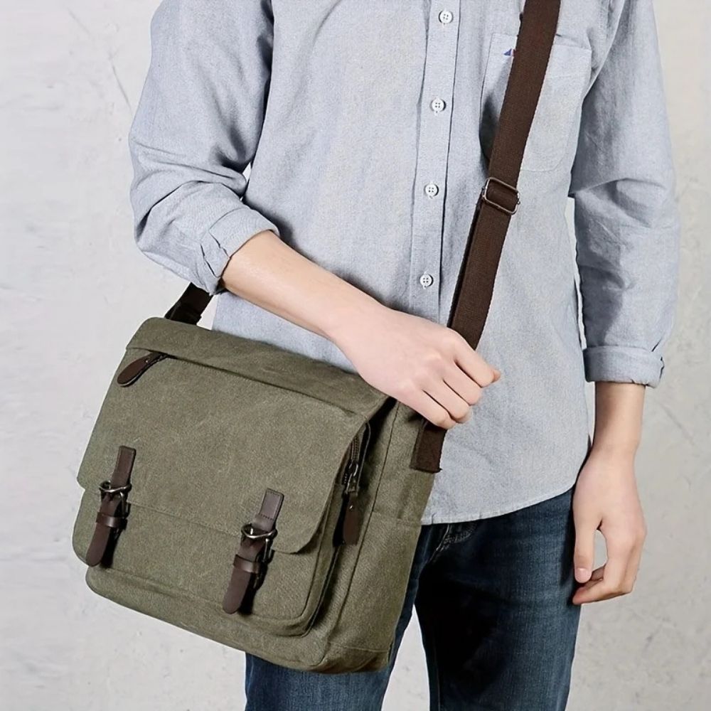 Canvas Messenger Bag with Laptop Compartment and Multiple Pockets, Adjustable Strap