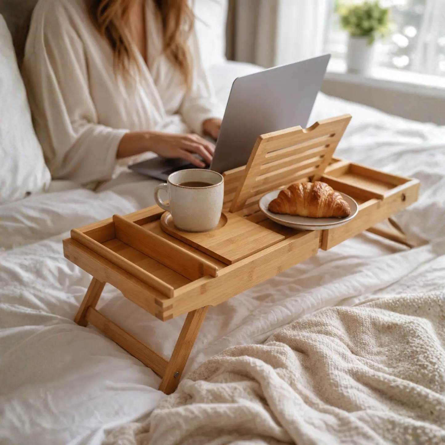 Expandable Bamboo Bathtub Tray with Device Compartments and Angled Tablet Holder