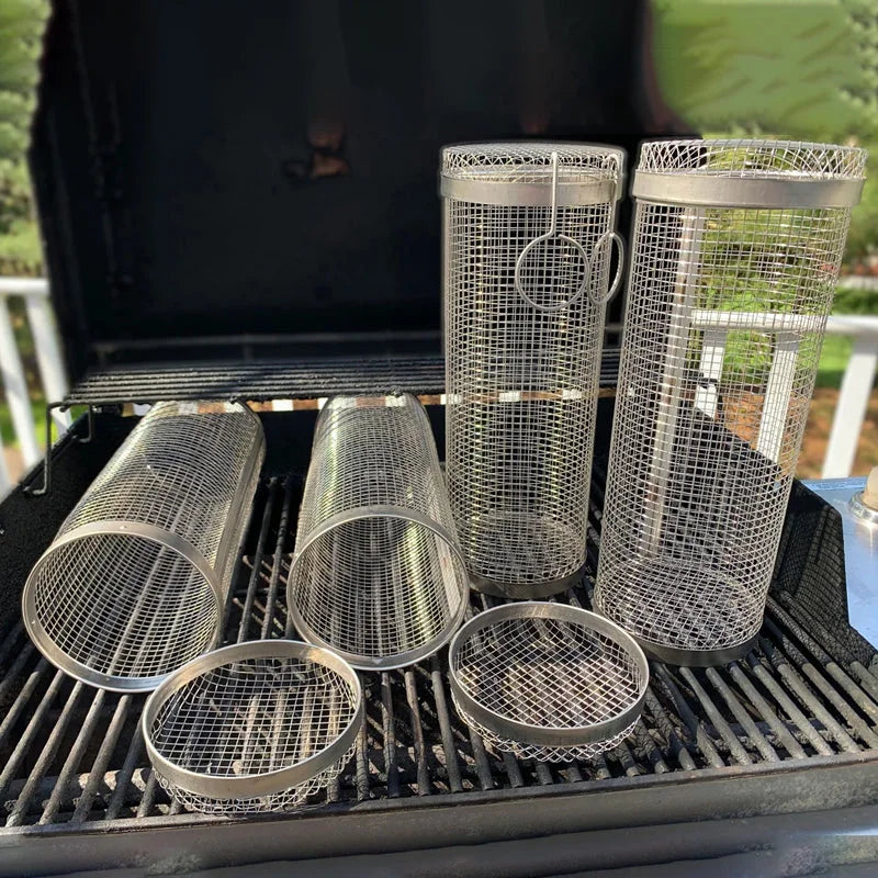 Rotating Grill Basket with Secure Latch and Stainless Steel Mesh, Dishwasher Safe