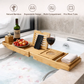 Expandable Bamboo Bathtub Tray with Device Compartments and Angled Tablet Holder