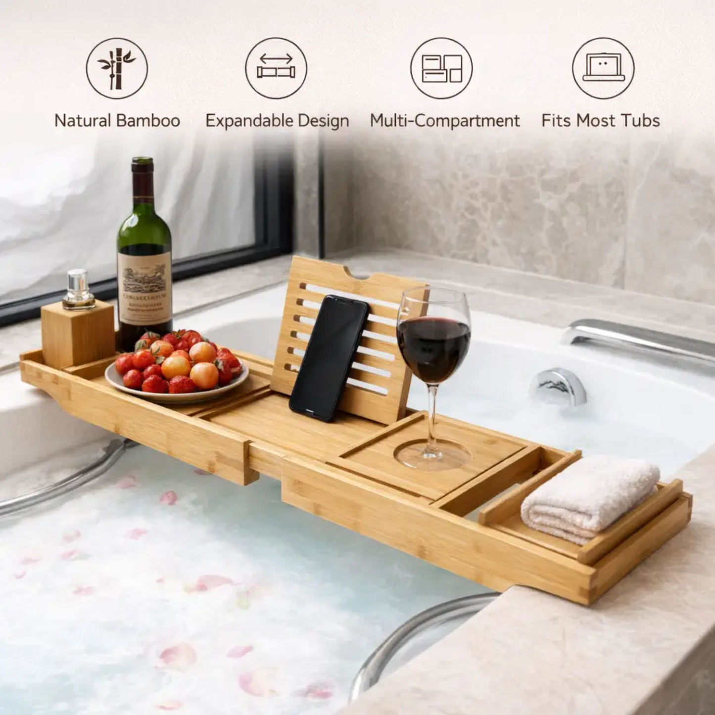 Expandable Bamboo Bathtub Tray with Device Compartments and Angled Tablet Holder