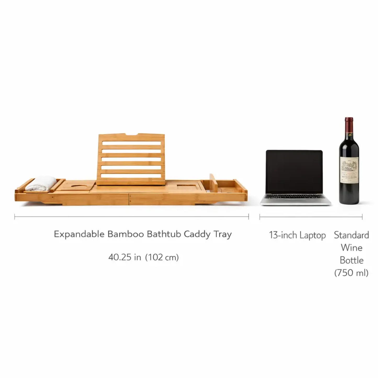 Expandable Bamboo Bathtub Tray with Device Compartments and Angled Tablet Holder