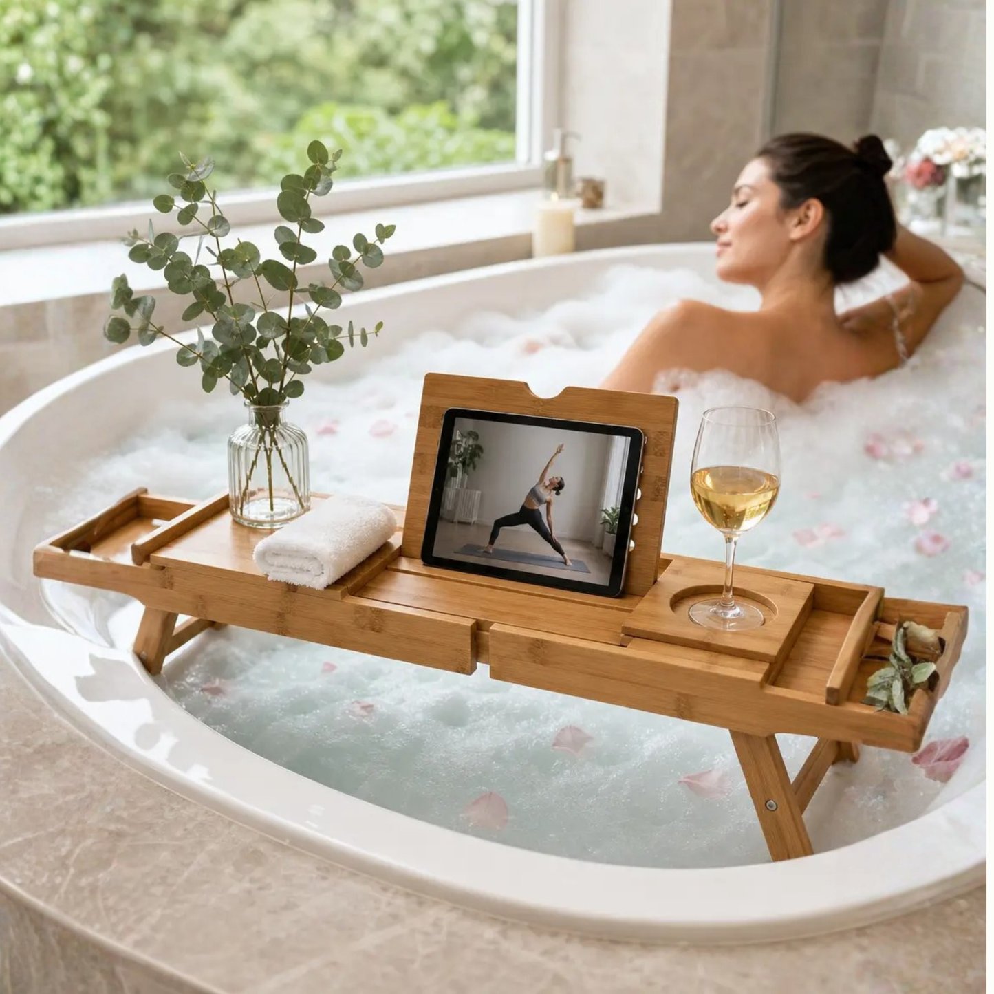 Expandable Bamboo Bathtub Tray with Device Compartments and Angled Tablet Holder