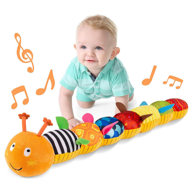 Plush Caterpillar Rattle with Crinkle Sounds and Musical Melodies for Tummy Time