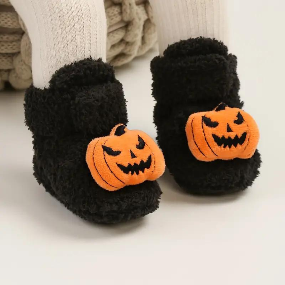 Children's Ankle High Fleece Slippers with Halloween Pumpkin and Spider Print