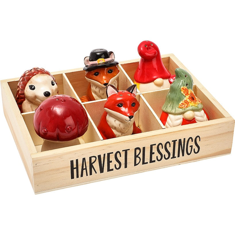 Woodland Animal Salt and Pepper Shakers with Ceramic Harvest Tray, 6-Piece Set