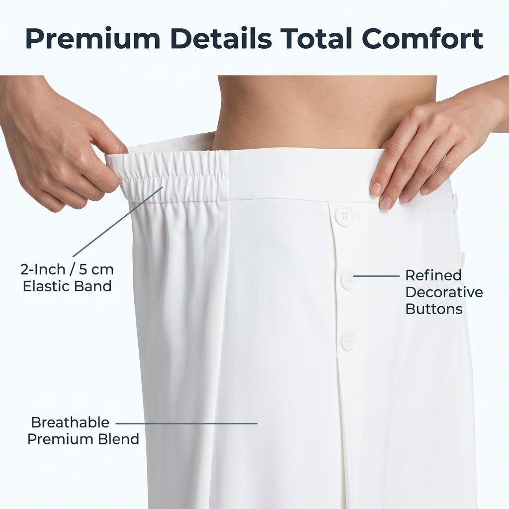 Wide Leg Pants with Pleated Front and Elastic Waistband, Wrinkle Resistant Cotton Blend