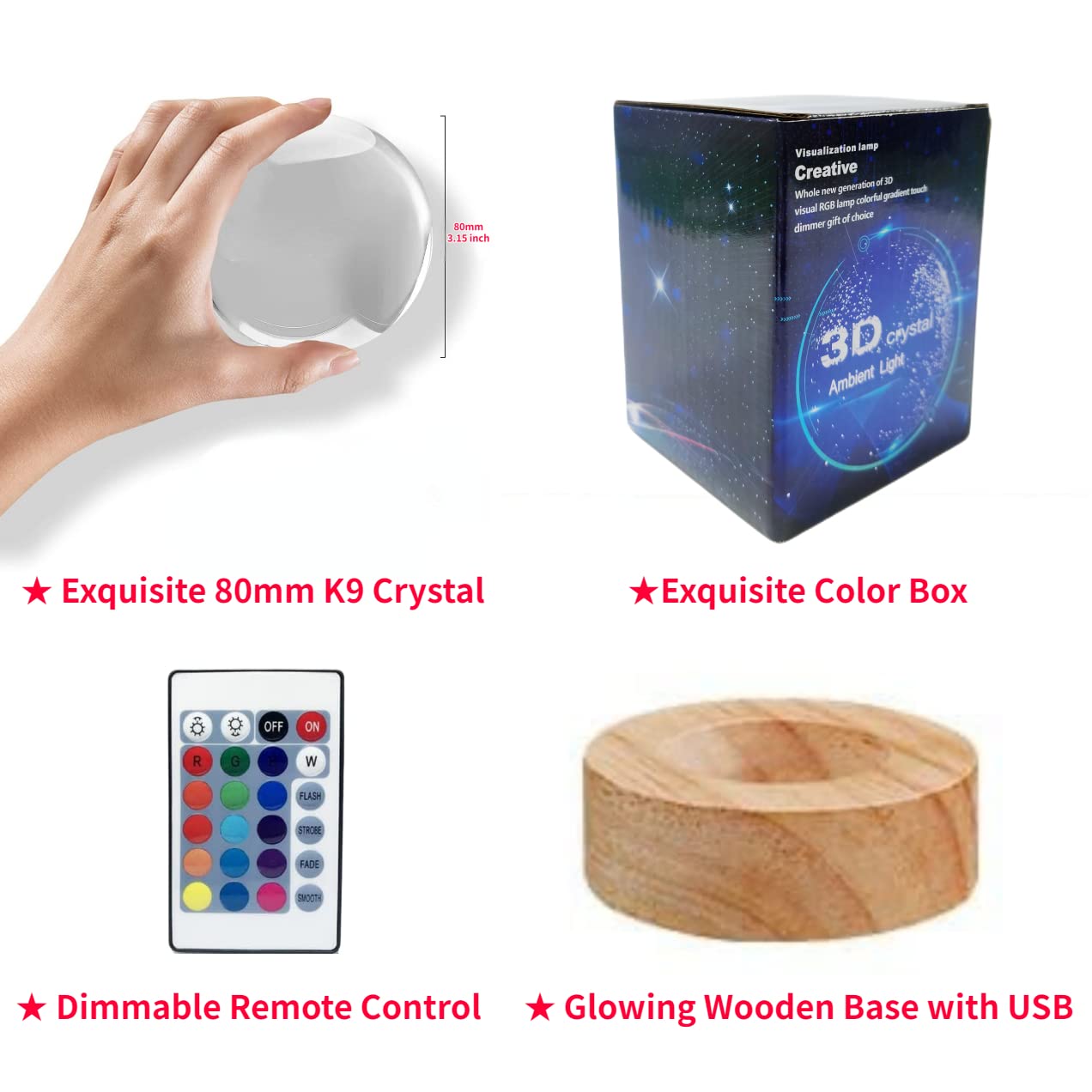 3D Crystal Night Light with Axolotl Engraving and Wooden LED Base, Remote Color Control
