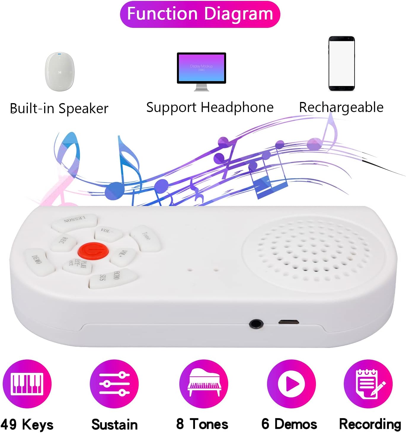 Roll Up Piano Keyboard with 49 Keys and Built-In Speakers, Rechargeable