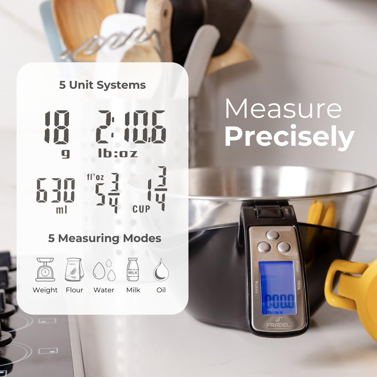 Digital Kitchen Scale with Removable Stainless Steel Bowl and Backlit Display