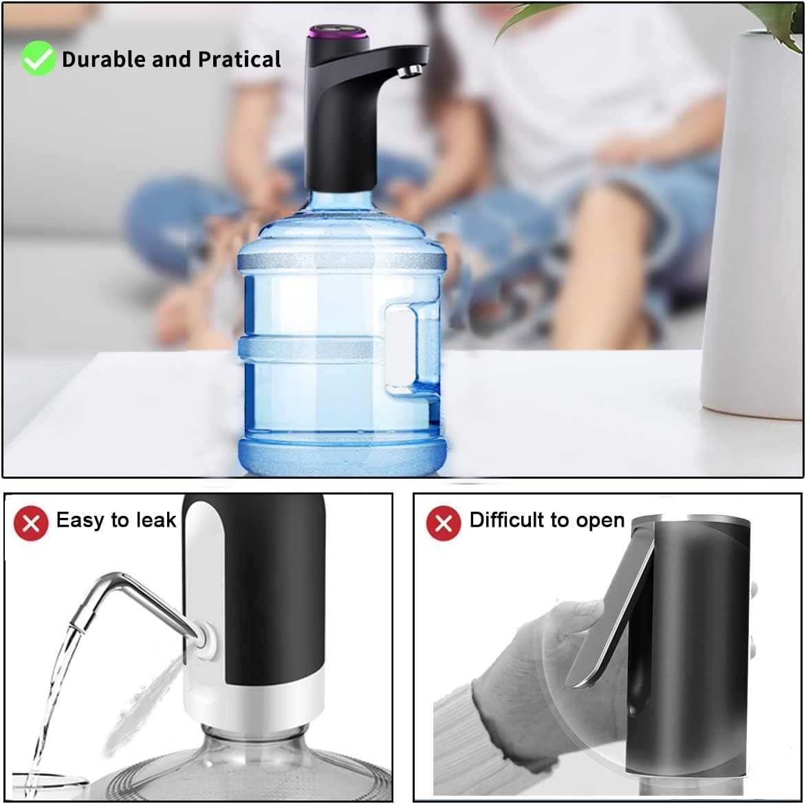 Motorized Water Bottle Pump with One Button Dispense and Rechargeable Battery