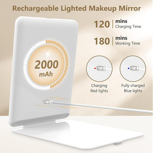 Portable Makeup Mirror with Dual Magnification and Adjustable LED Light, 7x5 Inch