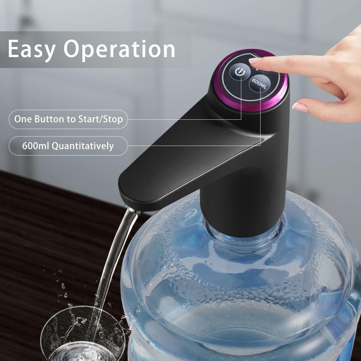 Motorized Water Bottle Pump with One Button Dispense and Rechargeable Battery