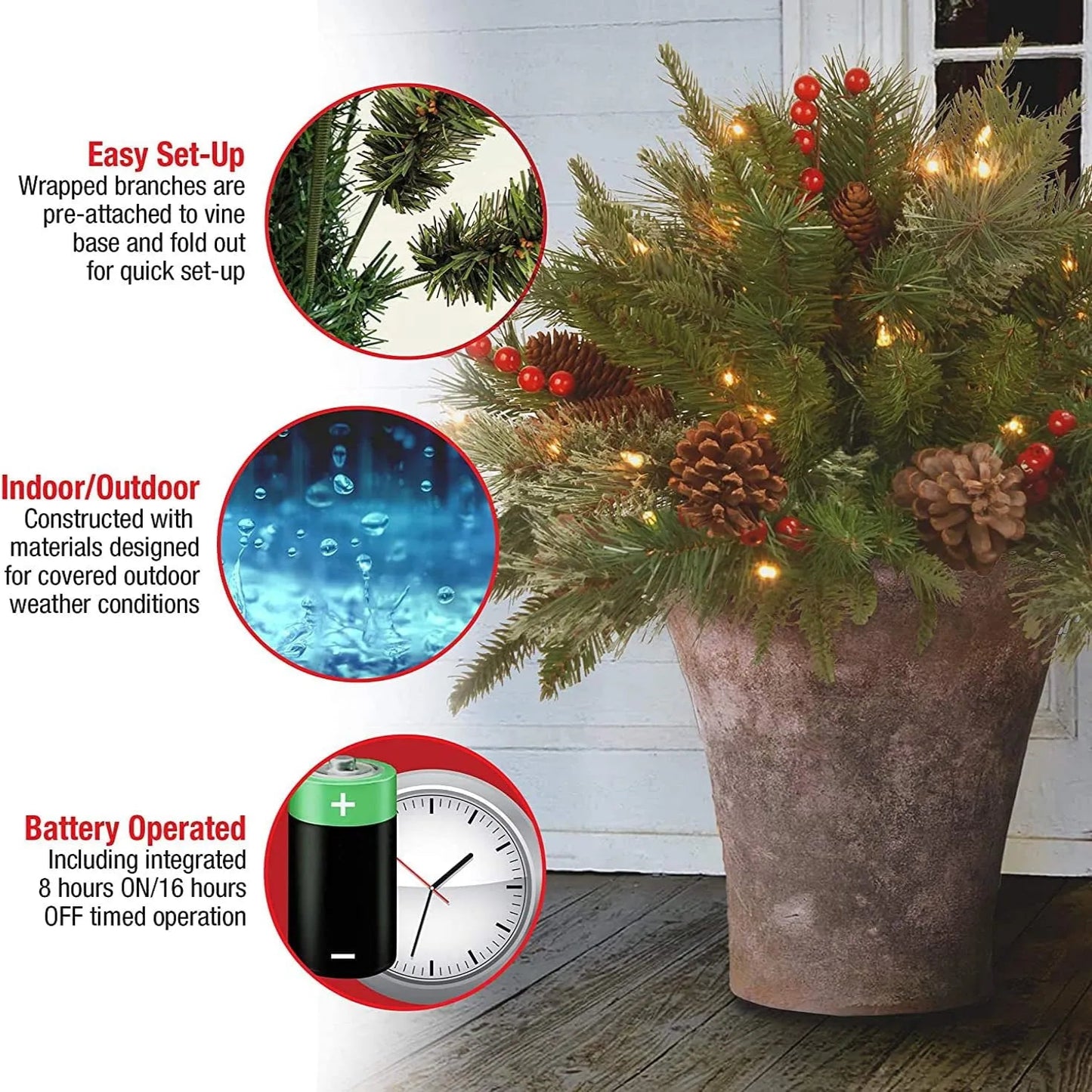 LED Urn Filler with 35 Warm White Lights and Evergreen Branches, 18in Base