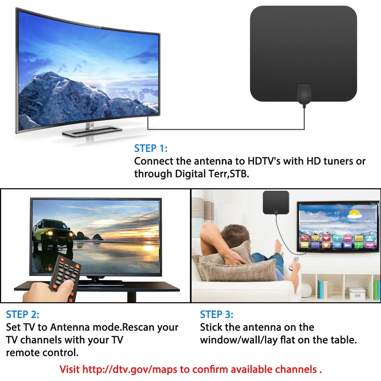 Indoor HDTV Antenna with 37dB Signal Amplifier and 10ft Cable