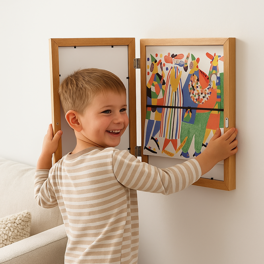 Rotating Artwork Display Frame with Flip Panel for 150 Kids Drawings