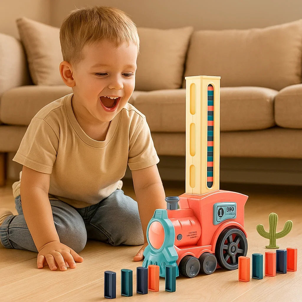 Automatic Domino Placement Train with Motorized Chain Reaction and Colorful Pieces