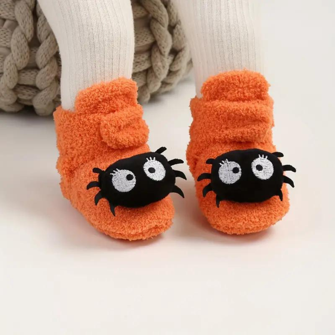 Children's Ankle High Fleece Slippers with Halloween Pumpkin and Spider Print