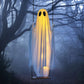 Outdoor Ghost Swing with String Lights and Wooden Seat for Halloween Porch Display