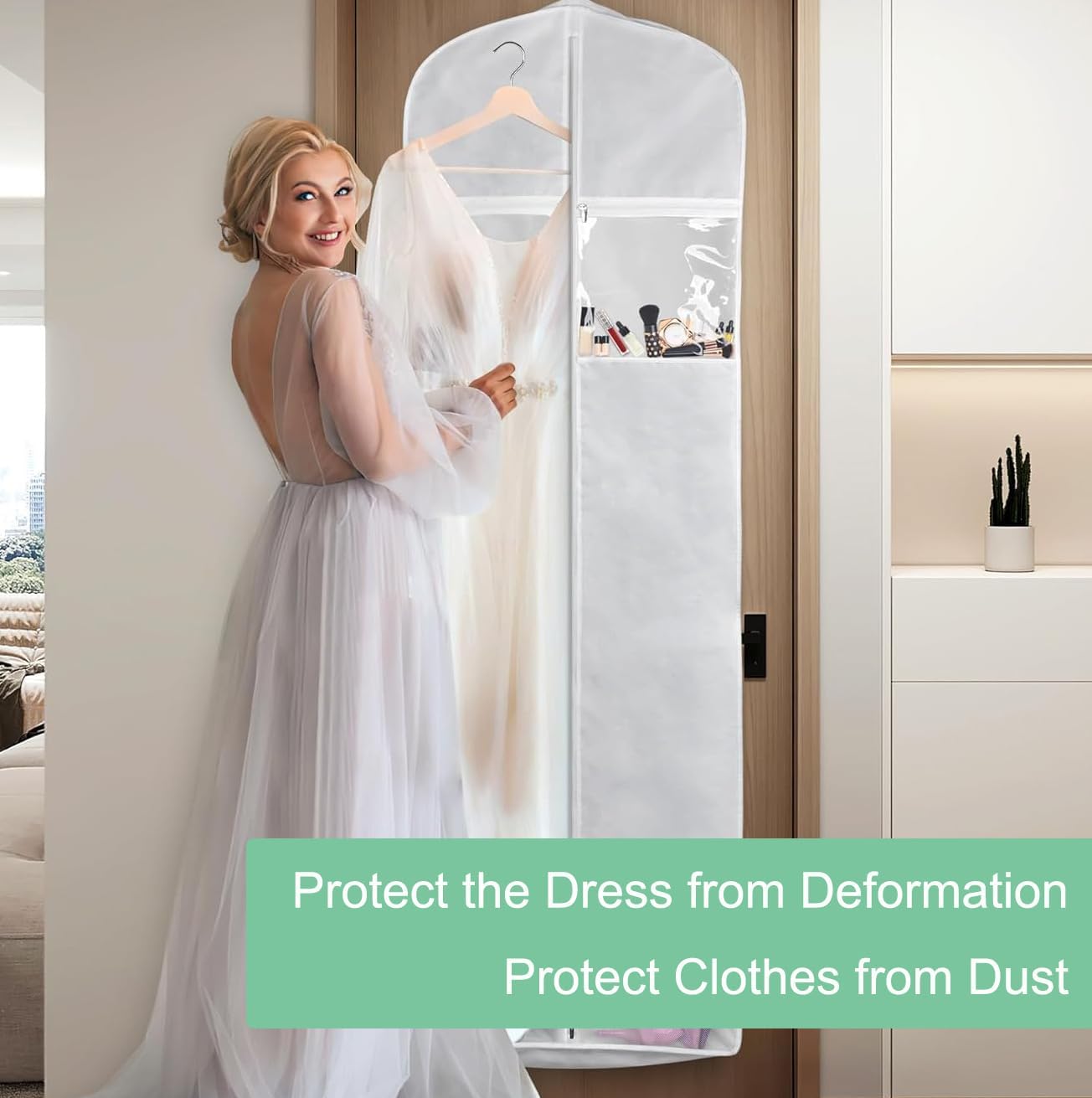 Bridal Garment Bag with Water Resistant Fabric and Clear Storage Pockets, 70in Length