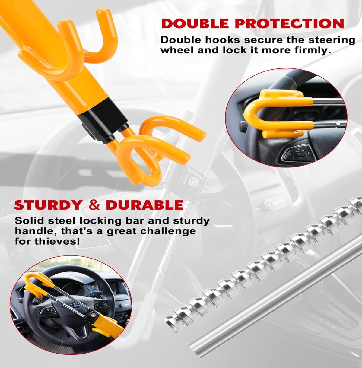 Anti-Theft Steering Wheel Lock with Four-Hook System and Double Row Cylinder
