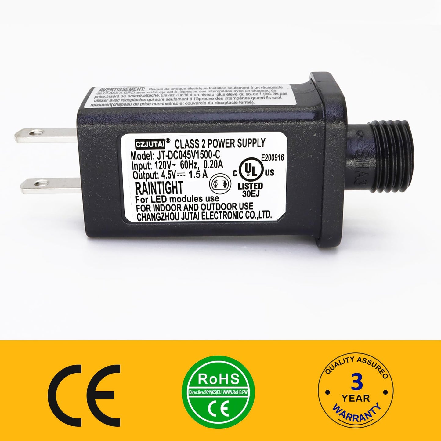 4.5V Power Adapter with 1.5A Constant Output and Overload Protection for Decorations