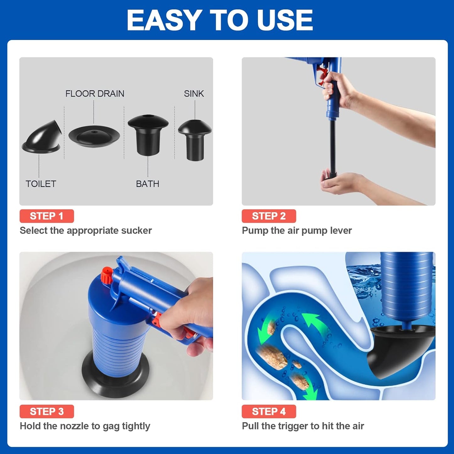 Air Pressure Drain Plunger with Four Suction Cups and Splash Guard