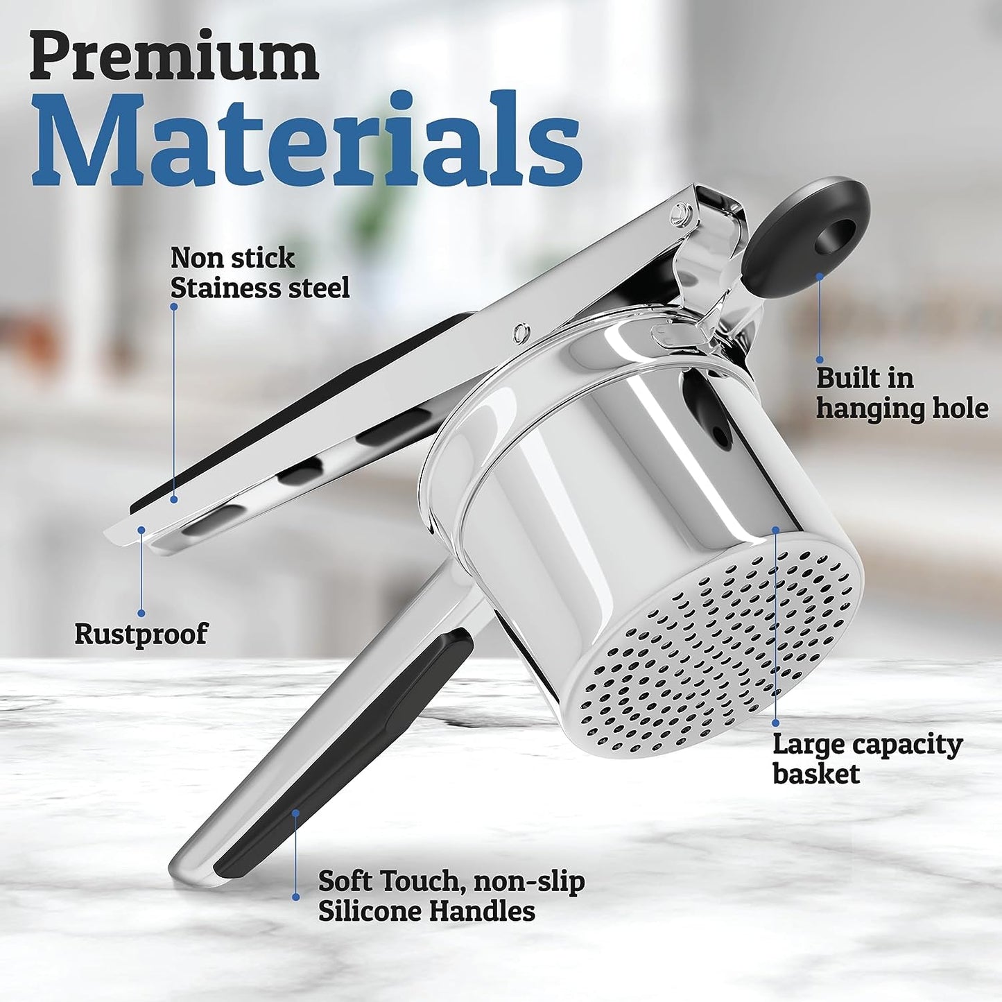 Stainless Steel Ricer with Silicone Grip Handles and 15oz Deep Basket