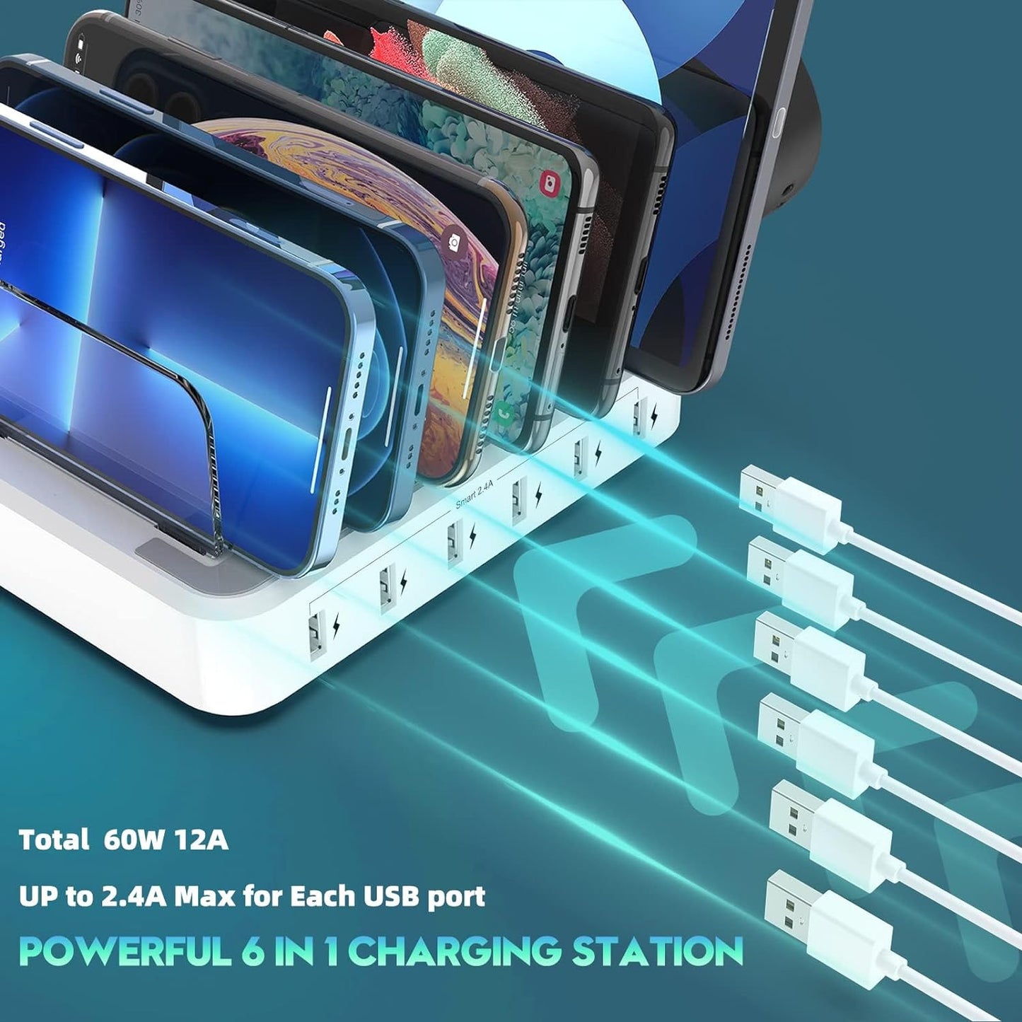 Multi-Device Charging Station with Adaptive Current and Removable Organizer for Phones