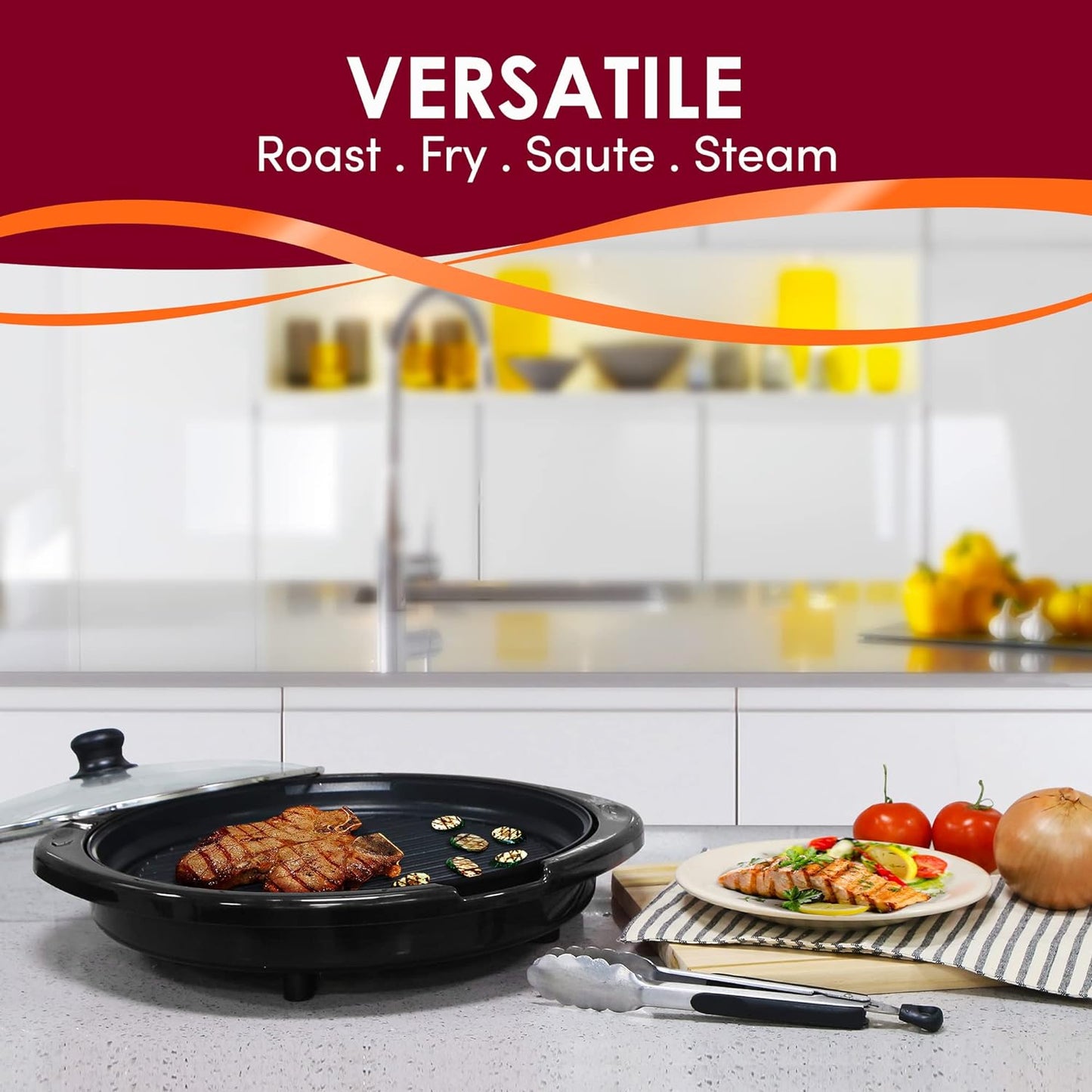 Indoor Electric Grill with 14-Inch Nonstick Plate and Glass Lid, Dishwasher Safe