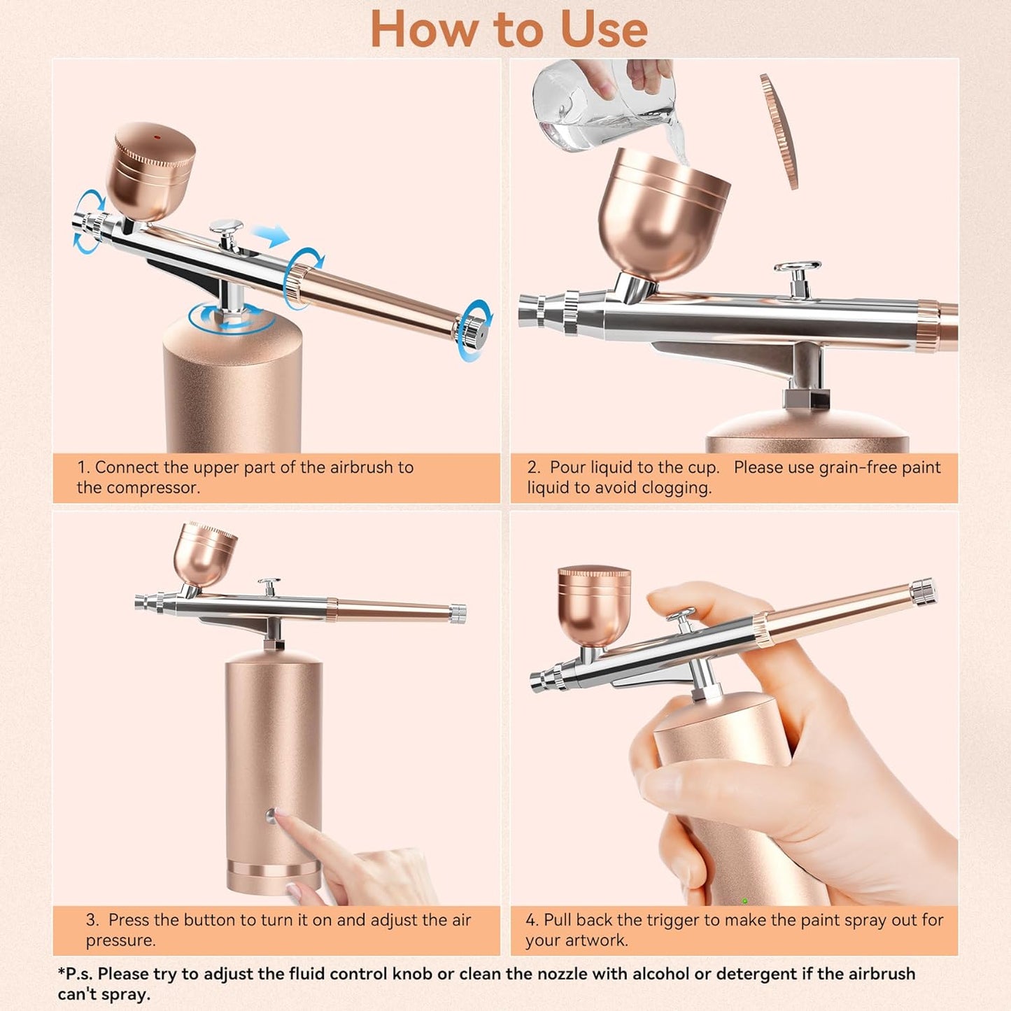 Battery-Powered Airbrush with 0.3mm Precision Nozzle and Three Pressure Settings