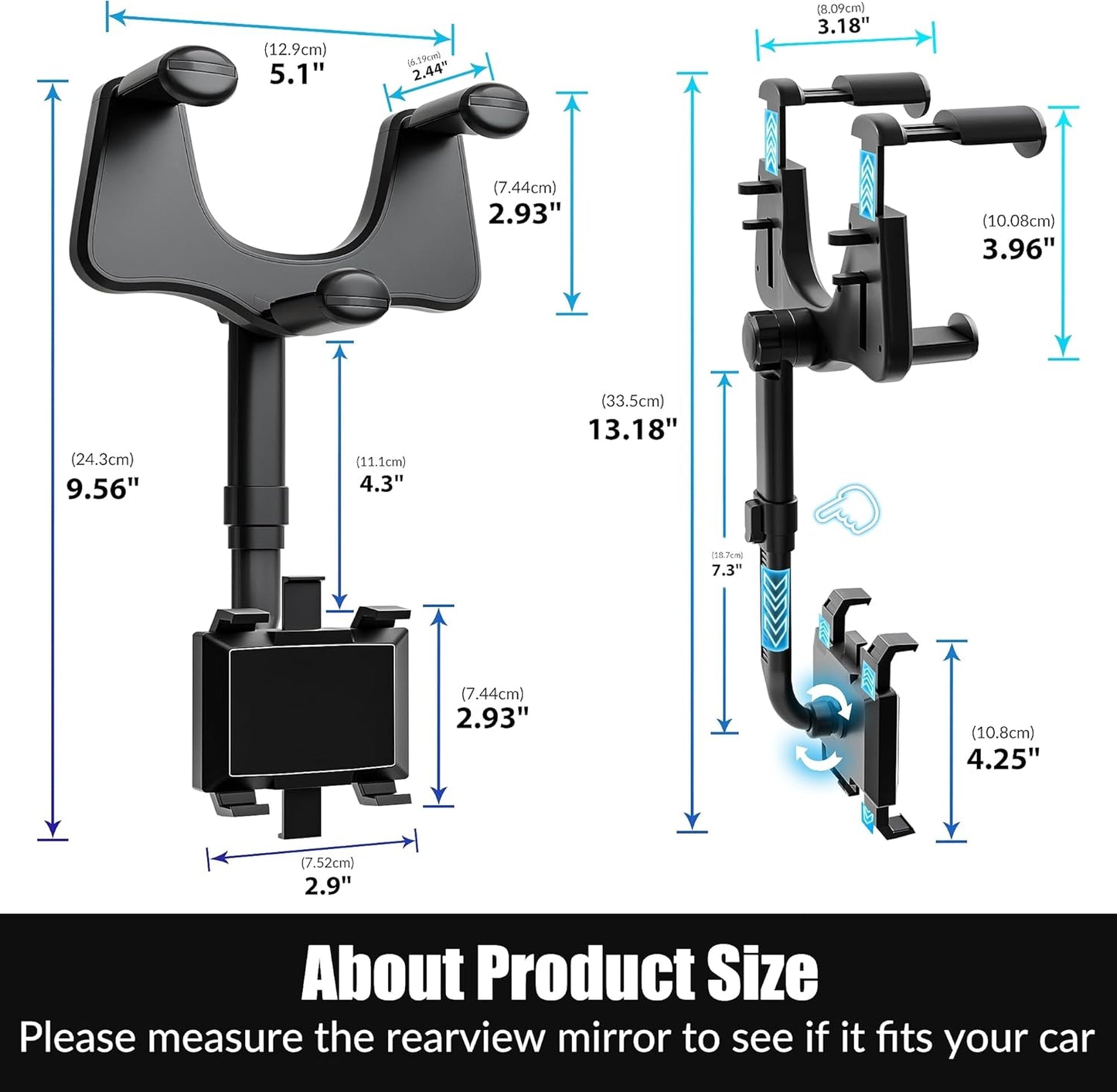 Phone Holder with 360 Degree Rotation and Four Jaw Grip for Rearview Mirror