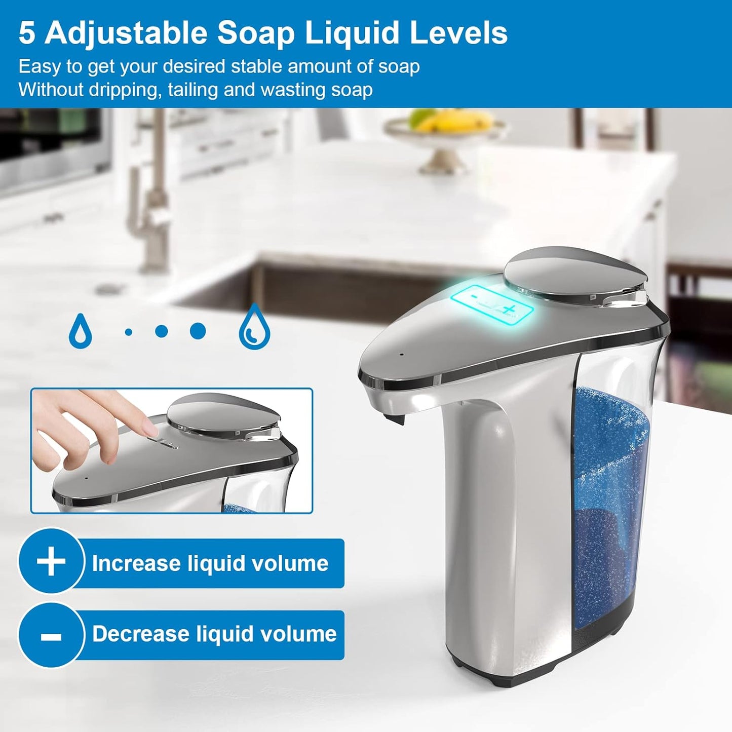 Touchless Soap Dispenser with Motion Sensor and Adjustable Soap Settings for Kitchen