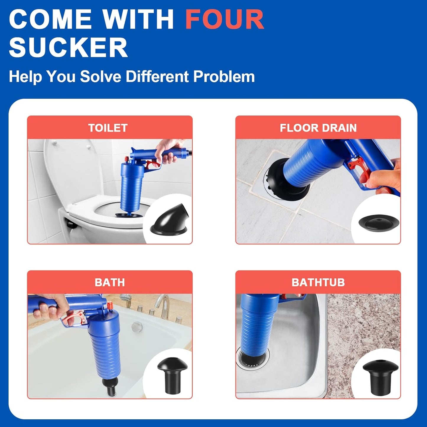 Air Pressure Drain Plunger with Four Suction Cups and Splash Guard