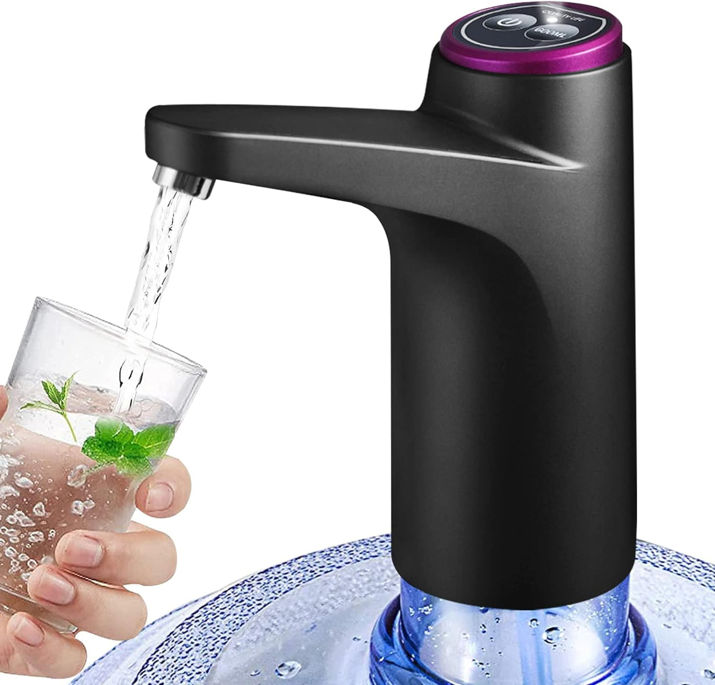 Motorized Water Bottle Pump with One Button Dispense and Rechargeable Battery