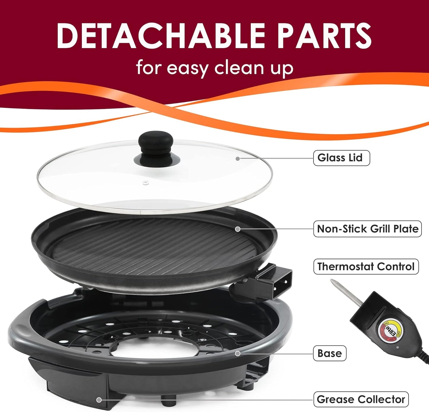 Indoor Electric Grill with 14-Inch Nonstick Plate and Glass Lid, Dishwasher Safe